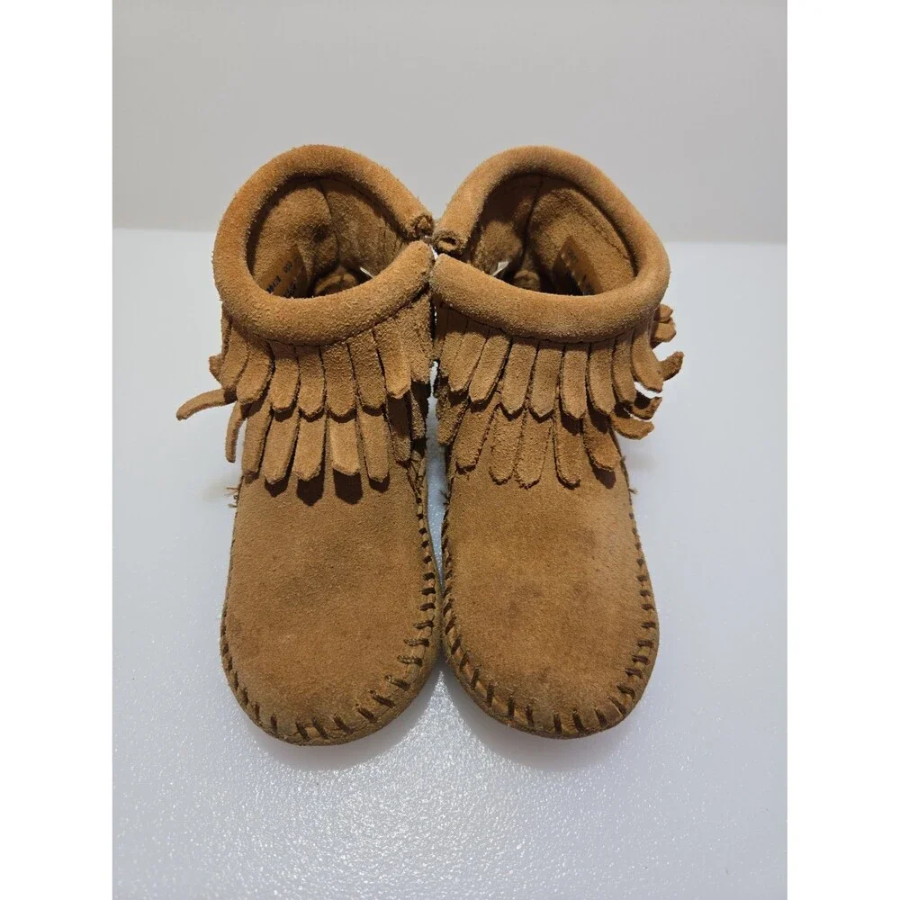 Minnetonka Kids Size 5 Double Fringe Moccasins Bootie Brown Leather Side Zipper